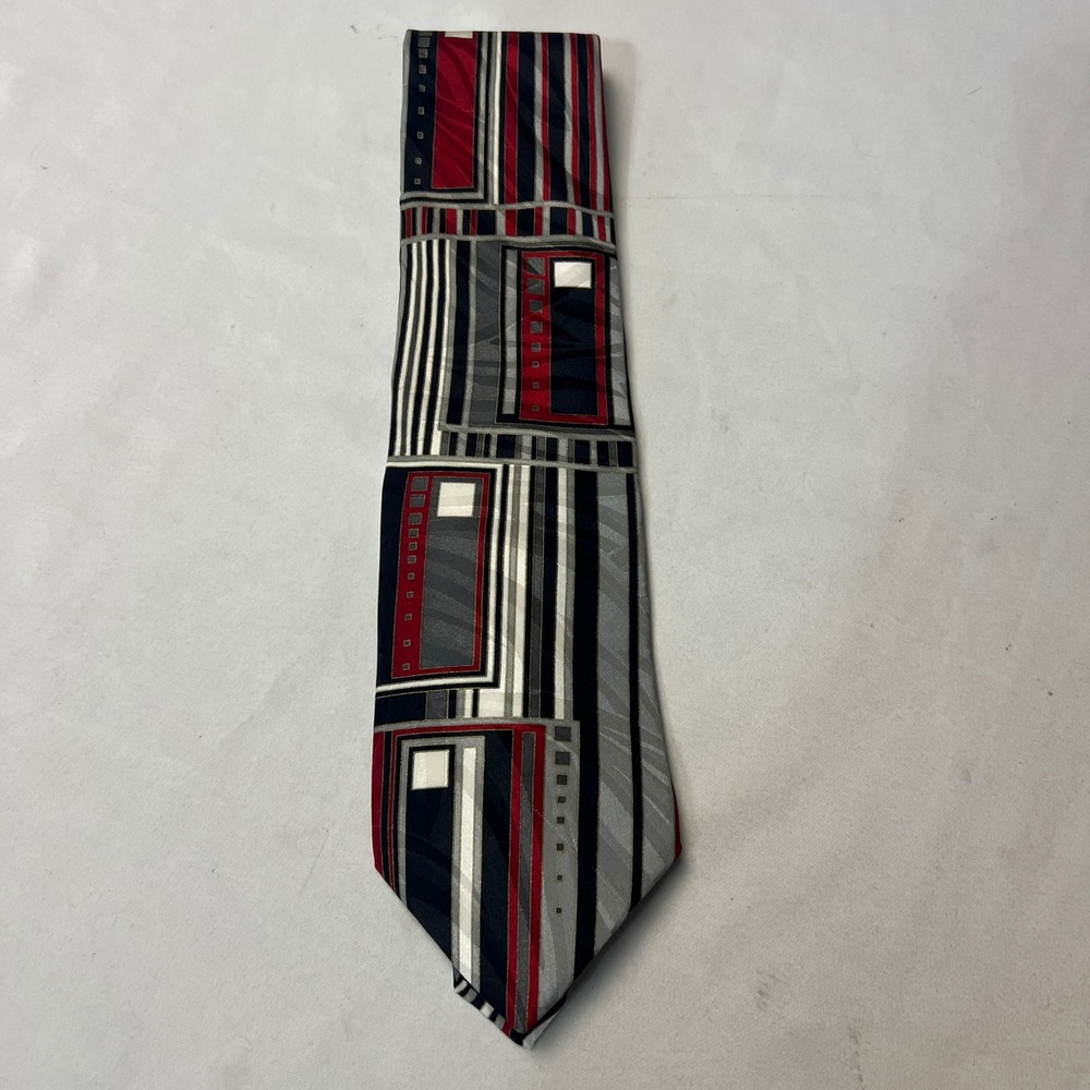 J.T. BECKETT 100% Italian Silk Classic Necktie Geometric Abstract Red Gray Black